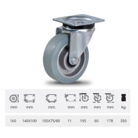   JPAG 1603 6150, Forgó kerék, horganyzott villába szerelve, szürke nyommentes tömörgumi futófelülettel, 160 mm, 350 kg, talpas felfogatás