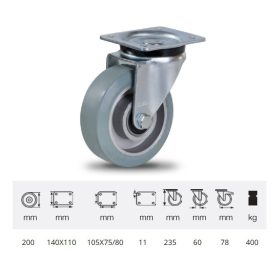   JPAG 2003 6150, Forgó kerék, horganyzott villába szerelve, szürke nyommentes tömörgumi futófelülettel, 200 mm, 400 kg, talpas felfogatás