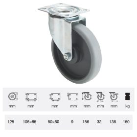   JPPE 1251 5100, Forgó kerék, horganyzott villába szerelve, prémium ECOFORMA tömörgumi futófelület, 125 mm, 150 kg teherbírás, talpas felfogatás