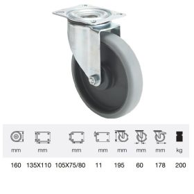   JPPE 1603 5100, Forgó kerék, horganyzott villába szerelve, prémium ECOFORMA tömörgumi futófelület, 160 mm, 200 kg teherbírás, talpas felfogatás