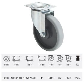   JPPE 2003 5100, Forgó kerék, horganyzott villába szerelve, prémium ECOFORMA tömörgumi futófelület, 200 mm, 225 kg teherbírás, talpas felfogatás