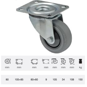   JPPF 0801 5100, Forgó kerék, horganyzott villába szerelve, prémium PERFORMA tömörgumi futófelület, 80 mm, 150 kg teherbírás, talpas felfogatás