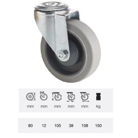   JPPF 0805 5100, Forgó kerék, horganyzott villába szerelve, prémium PERFORMA tömörgumi futófelület, 80 mm, 150 kg teherbírás, furatos felfogatás