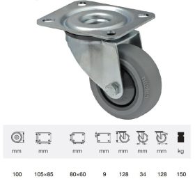   JPPF 1001 5100, Forgó kerék, horganyzott villába szerelve, prémium PERFORMA tömörgumi futófelület, 100 mm, 150 kg teherbírás, talpas felfogatás