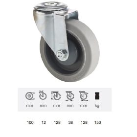   JPPF 1005 5100, Forgó kerék, horganyzott villába szerelve, prémium PERFORMA tömörgumi futófelület, 100 mm, 150 kg teherbírás, furatos felfogatás