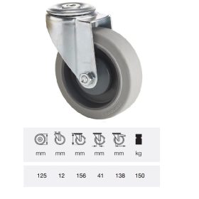   JPPF 1255 5100, Forgó kerék, horganyzott villába szerelve, prémium PERFORMA tömörgumi futófelület, 125 mm, 150 kg teherbírás, furatos felfogatás