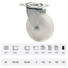   JPPN 0801 1100, Forgó kerék, (poliamid) műanyag futófelület, horganyzott villába szerelve, 80 mm, 150 kg teherbírás, talpas felfogatás