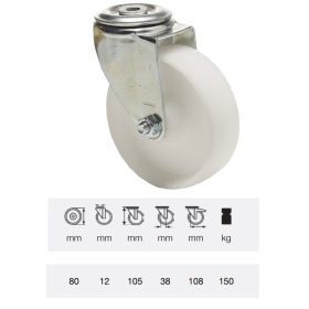   JPPN 0805 1100, Forgó kerék, (poliamid) műanyag futófelület, horganyzott villába szerelve, 80 mm, 150 kg teherbírás, furatos felfogatás