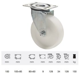   JPPN 1001 1100, Forgó kerék, (poliamid) műanyag futófelület, horganyzott villába szerelve, 100 mm, 150 kg teherbírás, talpas felfogatás