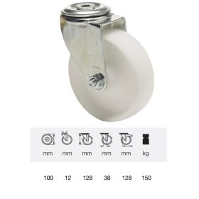   JPPN 1005 1100, Forgó kerék, (poliamid) műanyag futófelület, horganyzott villába szerelve, 100 mm, 150 kg teherbírás, furatos felfogatás