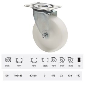   JPPN 1251 1100, Forgó kerék, (poliamid) műanyag futófelület, horganyzott villába szerelve, 125 mm, 150 kg teherbírás, talpas felfogatás