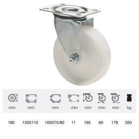   JPPN 1603 1100, Forgó kerék, (poliamid) műanyag futófelület, horganyzott villába szerelve, 160 mm, 350 kg teherbírás, talpas felfogatás
