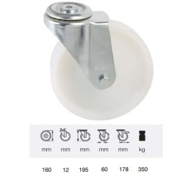   JPPN 1607 1100, Forgó kerék, (poliamid) műanyag futófelület, horganyzott villába szerelve, 160 mm, 350 kg teherbírás, furatos felfogatás