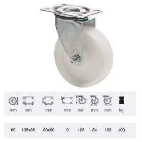   JPPP 0801 1100, Forgó kerék, (polipropilén) műanyag futófelület, horganyzott villába szerelve, 80 mm, 150 kg teherbírás, talpas felfogatás