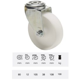   JPPP 0805 1100, Forgó kerék, (polipropilén) műanyag futófelület, horganyzott villába szerelve, 80 mm, 150 kg teherbírás, furatos felfogatás