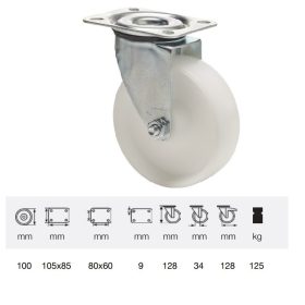   JPPP 1001 1100, Forgó kerék, (polipropilén) műanyag futófelület, horganyzott villába szerelve, 100 mm, 150 kg teherbírás, talpas felfogatás