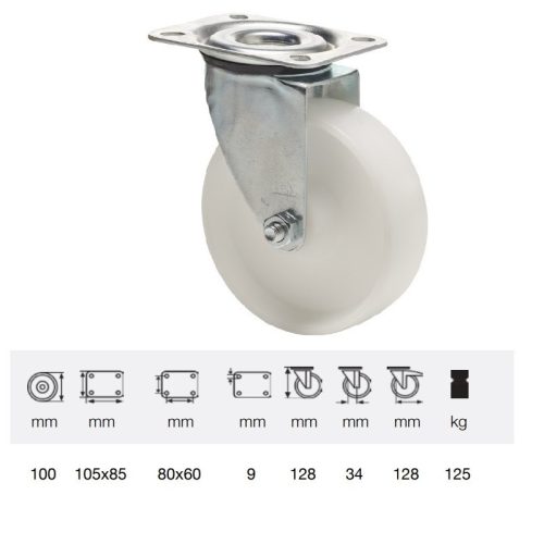 JPPP 1001 1100, Forgó kerék, (polipropilén) műanyag futófelület, horganyzott villába szerelve, 100 mm, 150 kg teherbírás, talpas felfogatás