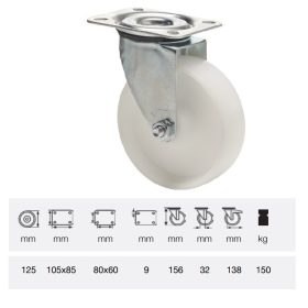   JPPP 1251 1100, Forgó kerék, (polipropilén) műanyag futófelület, horganyzott villába szerelve, 125 mm, 150 kg teherbírás, talpas felfogatás