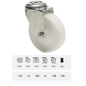   JPPP 1255 1100, Forgó kerék, (polipropilén) műanyag futófelület, horganyzott villába szerelve, 125 mm, 150 kg teherbírás, furatos felfogatás