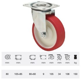   JPPU 0801 5100, Forgó kerék, Poluretán futófelülettel, horganyzott villába szerelve, 80 mm, 150 kg teherbírás, talpas felfogatás
