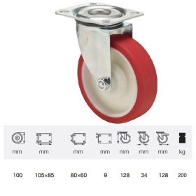   JPPU 1001 5100, Forgó kerék, Poluretán futófelülettel, horganyzott villába szerelve, 100 mm, 150 kg teherbírás, talpas felfogatás