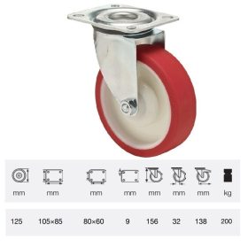   JPPU 1251 5100, Forgó kerék, Poluretán futófelülettel, horganyzott villába szerelve, 125 mm, 150 kg teherbírás, talpas felfogatás