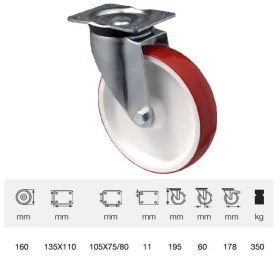   JPPU 1603 2100, Forgó kerék, Poluretán futófelülettel, horganyzott villába szerelve, 160 mm, 300 kg teherbírás, talpas felfogatás