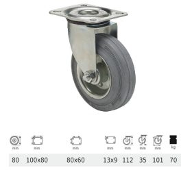   JPSG 0801 2100 L, Forgó kerék, szürke (nyommentes) gumi futófelület, 80 mm, 70 kg teherbírás, talpas felfogatás