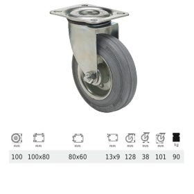   JPSG 1001 2100 L, Forgó kerék, szürke (nyommentes) gumi futófelület, 100 mm, 90 kg teherbírás, talpas felfogatás
