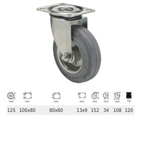   JPSG 1251 2100 L, Forgó kerék, szürke (nyommentes) gumi futófelület, 125 mm, 120 kg teherbírás, talpas felfogatás