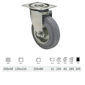   JPSG 2003 2100 W, Forgó kerék, szürke (nyommentes) gumi futófelület, 200 mm, 205 kg teherbírás, talpas felfogatás