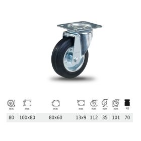   JPSM 0801 2100 L, Forgó kerék, fekete gumi futófelület, 80 mm, 70 kg teherbírás, talpas felfogatás