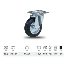   JPSM 1001 2100 L, Forgó kerék, fekete gumi futófelület, 100 mm, 90 kg teherbírás, talpas felfogatás