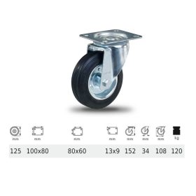   JPSM 1251 2100 L, Forgó kerék, fekete gumi futófelület, 125 mm, 120 kg teherbírás, talpas felfogatás