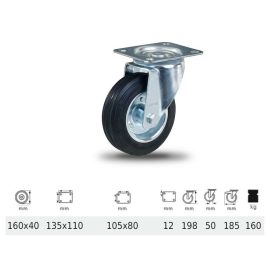   JPSM 1603 2100 W, Forgó kerék, fekete gumi futófelület, 160 mm, 160 kg teherbírás, talpas felfogatás