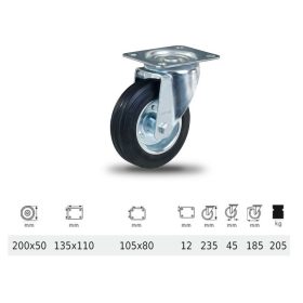   JPSM 2003 2100 W, Forgó kerék, fekete gumi futófelület, 200 mm, 205 kg teherbírás, talpas felfogatás