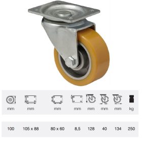   JTAU 1002 6150, Forgó kerék, Poluretán futófelülettel, horganyzott villába szerelve, 100 mm, 250 kg teherbírás, talpas felfogatás