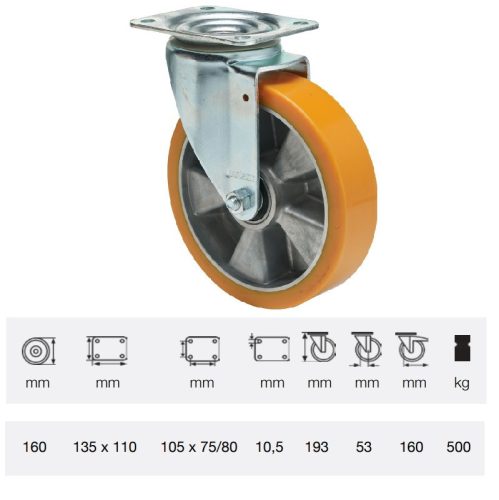 JTAU 1603 6440, Forgó kerék, Poluretán futófelülettel, horganyzott villába szerelve, 160 mm, 500 kg teherbírás, talpas felfogatás