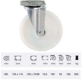   JTPN 1603 6100, Forgó kerék, (poliamid) műanyag futófelület, horganyzott villába szerelve, 160 mm, 500 kg teherbírás, talpas felfogatás