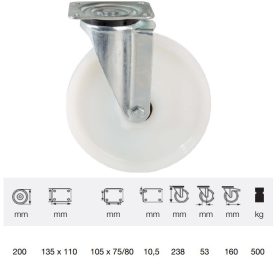   JTPN 2003 6100, Forgó kerék, (poliamid) műanyag futófelület, horganyzott villába szerelve, 200 mm, 500 kg teherbírás, talpas felfogatás