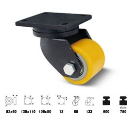   JWSU 0823 6060, Nagy teherbírású forgókerék, poliuretán futófelület, horganyzott villába szerelve, 85 mm, 600kg teherbírás,