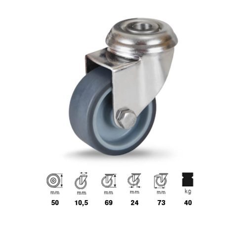 JXPE 0505 1000 P rozsdamentes intézményi görgő, 50 mm-es kerékkel, 40 kg teherbírással, egy furatos felfogatással, önbeálló villába szerelve