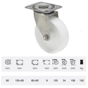   JXPN 0801 1100, Forgó kerék, (poliamid) műanyag futófelület, rozsdamentes villába szerelve, 80 mm, 150 kg teherbírás, talpas felfogatás
