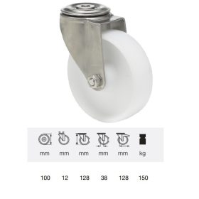   JXPN 1005 1000, Forgó kerék, (poliamid) műanyag futófelület, rozsdamentes villába szerelve, 100 mm, 150 kg teherbírás, furatos felfogatás