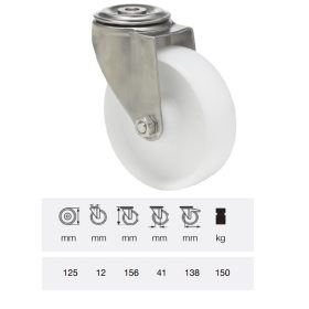   JXPN 1255 1000, Forgó kerék, (poliamid) műanyag futófelület, rozsdamentes villába szerelve, 125 mm, 150 kg teherbírás, furatos felfogatás