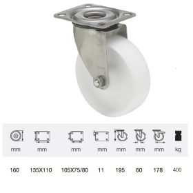   JXPN 1601 1100, Forgó kerék, (poliamid) műanyag futófelület, rozsdamentes villába szerelve, 160 mm, 400 kg teherbírás, talpas felfogatás