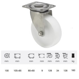   JXPP 1001 1000, Forgó kerék, (polipropilén) műanyag futófelület, rozsdamentes villába szerelve,100 mm, 160 kg teherbírás, talpas felfogatás