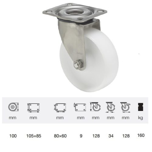 JXPP 1001 1000, Forgó kerék, (polipropilén) műanyag futófelület, rozsdamentes villába szerelve,100 mm, 160 kg teherbírás, talpas felfogatás