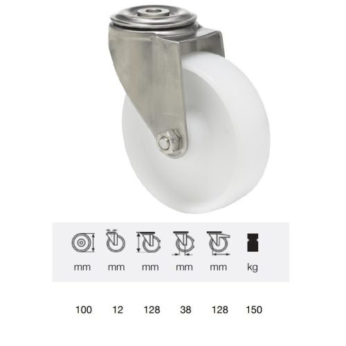 JXPP 1005 1000, Forgó kerék, (polipropilén) műanyag futófelület, rozsdamentes villába szerelve, 100 mm, 160 kg teherbírás, furatos felfogatás