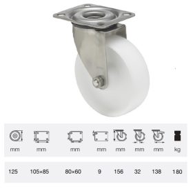   JXPP 1251 1000, Forgó kerék, (polipropilén) műanyag futófelület, rozsdamentes villába szerelve, 125 mm, 180 kg teherbírás, talpas felfogatás